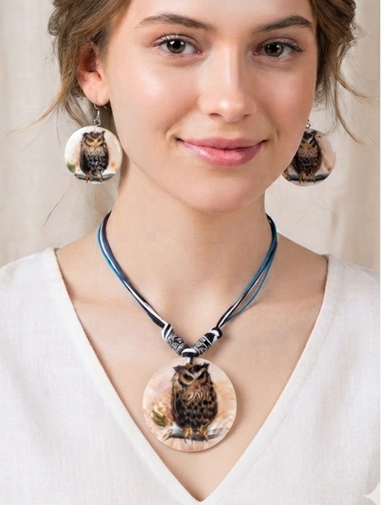 Fashion Owl Print Necklace and Earrings Set